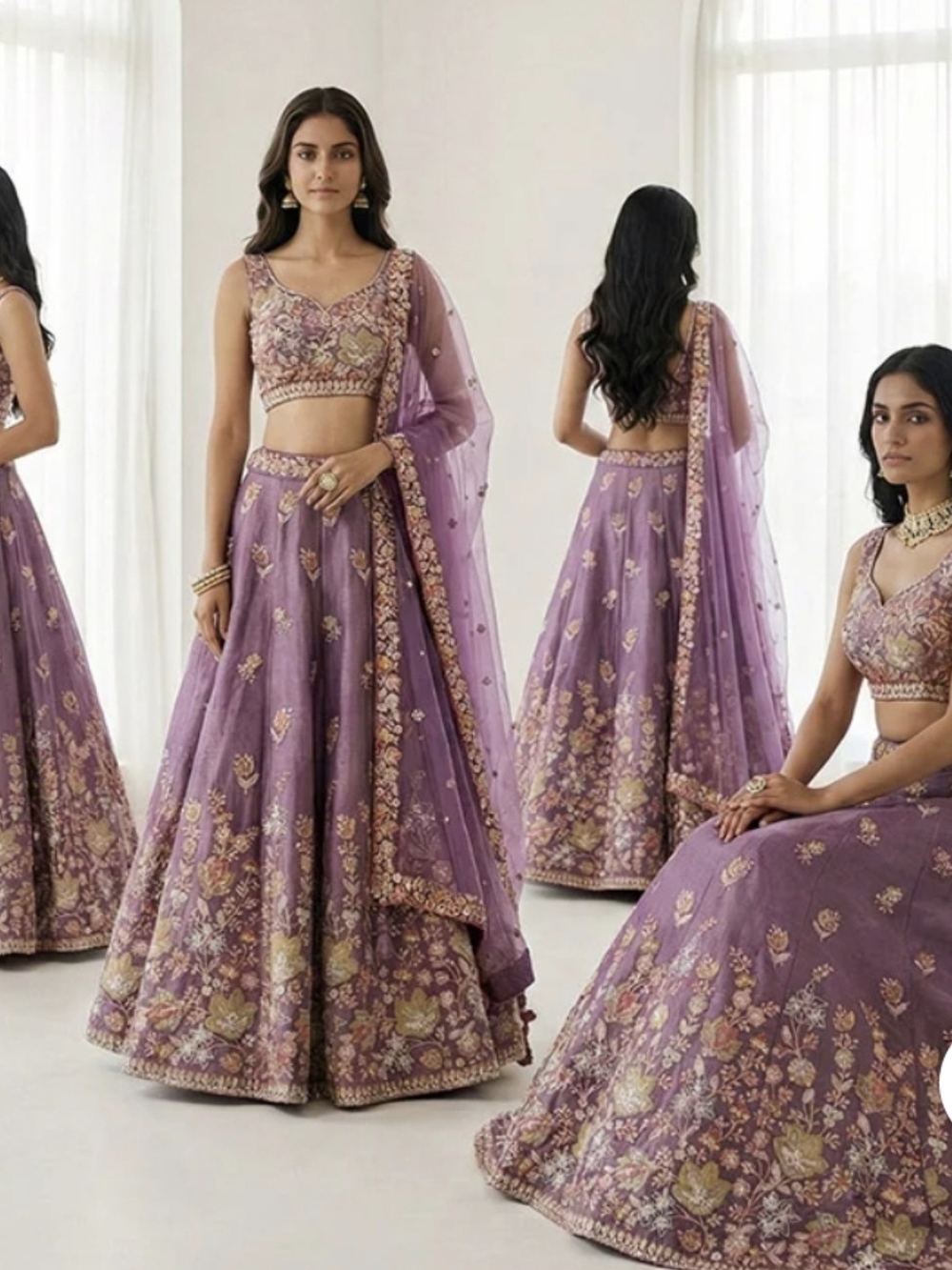 Lavender Organza Zari And Sequins Embroidered Umbrella Lehenga Wedding Wear